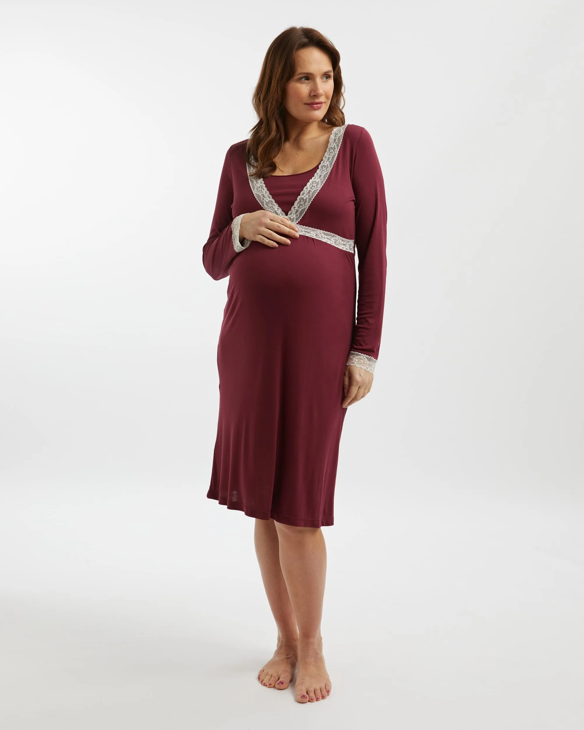 Maternity & Nursing Long Sleeve Lyocell Nightdress - Berry