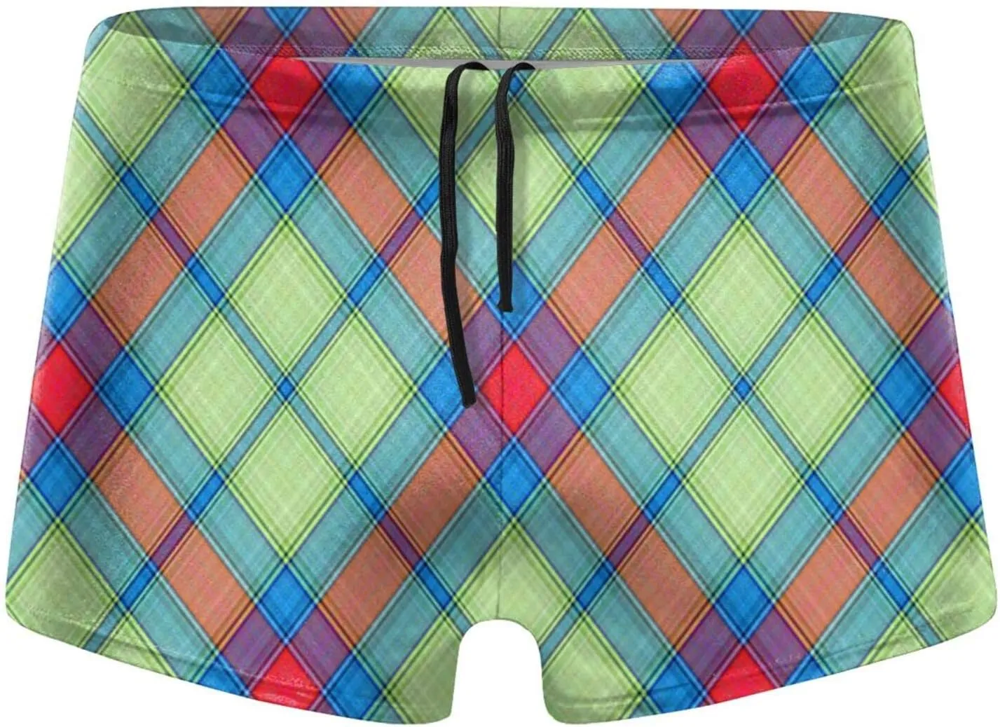 Men's Blue Thin Line Grid Swimwear Boxer Briefs Swim Trunk Triangle Thong Bikini Swimsuit