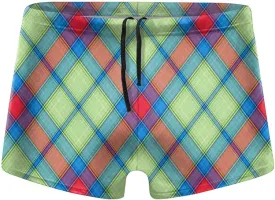 Men's Blue Thin Line Grid Swimwear Boxer Briefs Swim Trunk Triangle Thong Bikini Swimsuit