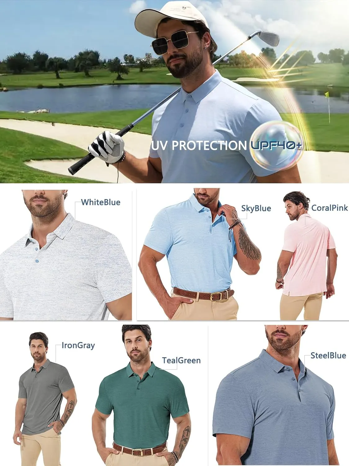 Mens Dry Fit Golf Shirt Performance Polo Short Sleeve Moisture Wicking Seamless Tech Cooling Feel UPF 40 