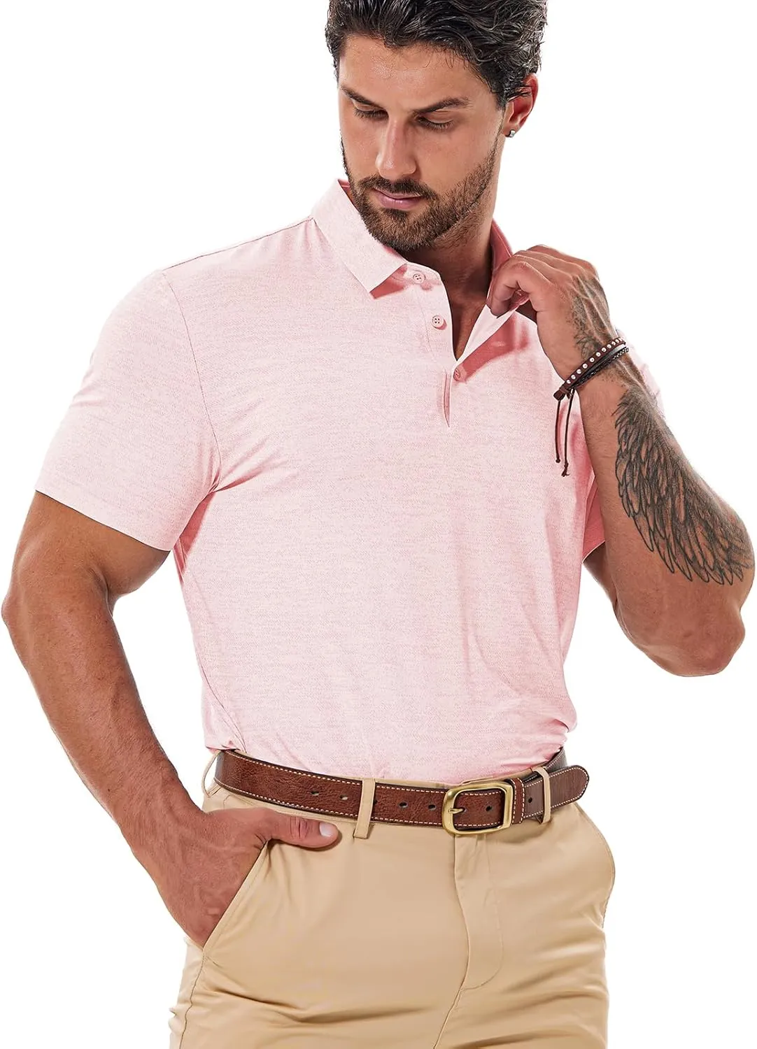 Mens Dry Fit Golf Shirt Performance Polo Short Sleeve Moisture Wicking Seamless Tech Cooling Feel UPF 40 