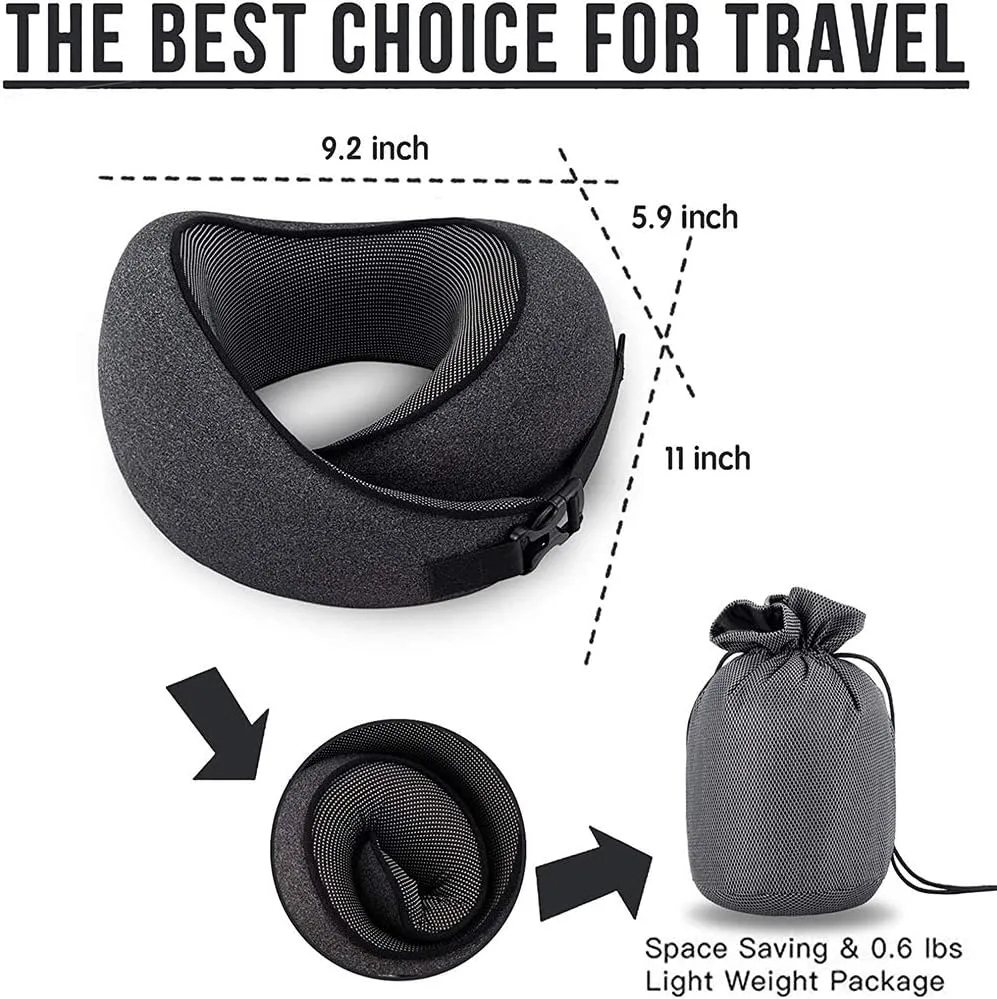 MLVOC Travel Pillow 100% Pure Memory Foam Neck Pillow, Comfortable & Breathable Cover, Machine Washable, Airplane Travel Kit with 3D Contoured Eye Masks, Earplugs, and Luxury Bag, Standard (Multi)
