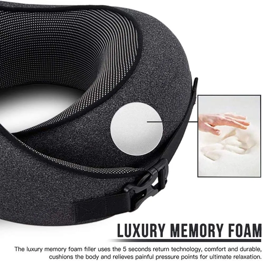 MLVOC Travel Pillow 100% Pure Memory Foam Neck Pillow, Comfortable & Breathable Cover, Machine Washable, Airplane Travel Kit with 3D Contoured Eye Masks, Earplugs, and Luxury Bag, Standard (Multi)
