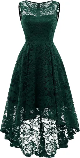 MUADRESS Women's Elegant Floral Lace Dress Sleeveless Crew Neck Hi-Lo Cocktail Dress for Evening Party