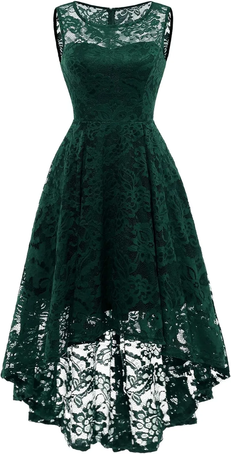 MUADRESS Women's Elegant Floral Lace Dress Sleeveless Crew Neck Hi-Lo Cocktail Dress for Evening Party