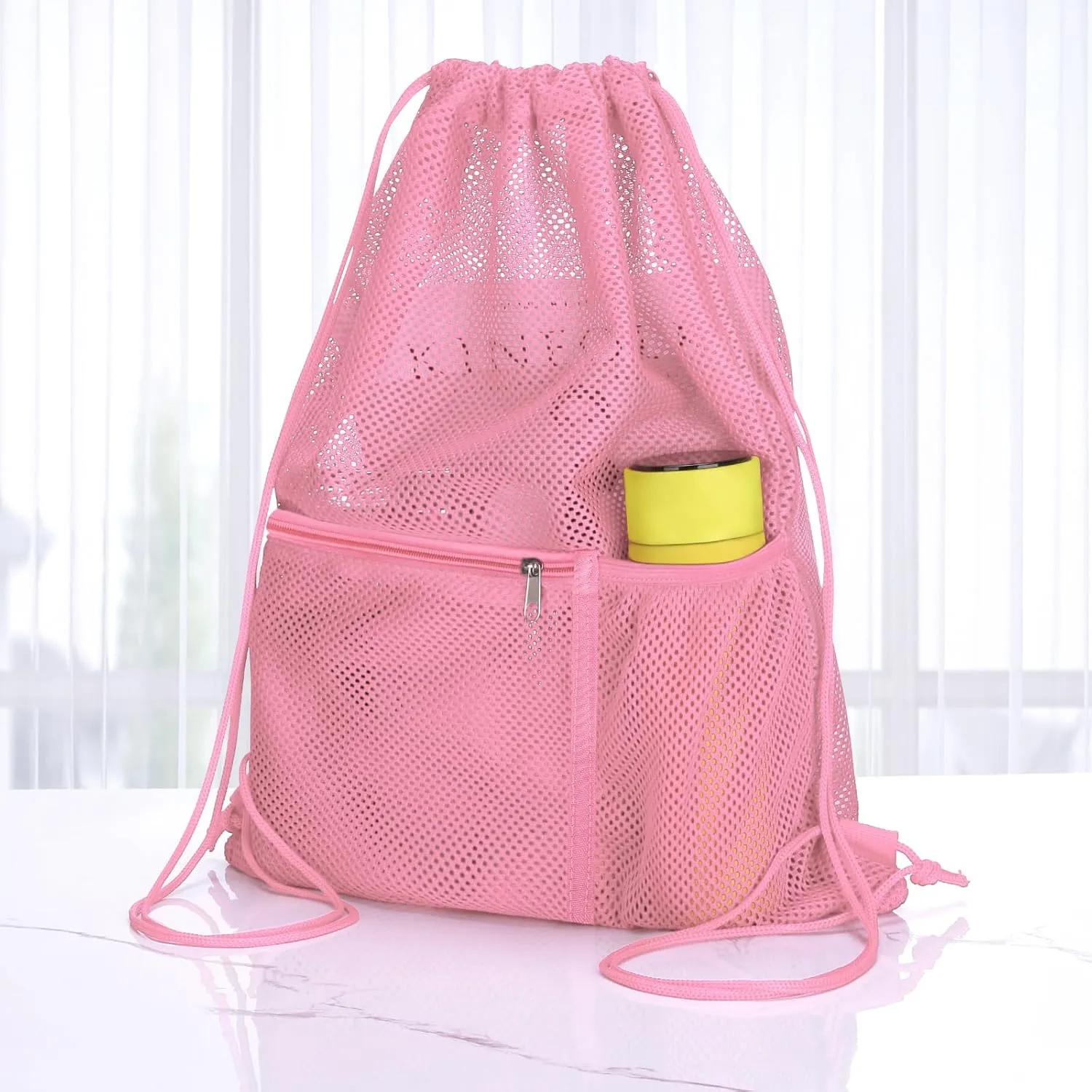 NATURAL STYLE 2 PACK Mesh Drawstring Backpack Bag, Multifunction Mesh Bag for Swimming, Athletic Gym, Clothes, Beach, Swim (Pink)