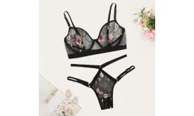 New Imitated Silk Black Two Piece Lace Pajama Set