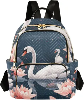 Pond Swans Lotus Flowers Mini Backpack for Women Quilted Small Backpack Purse Causal Daypack for Travel, S