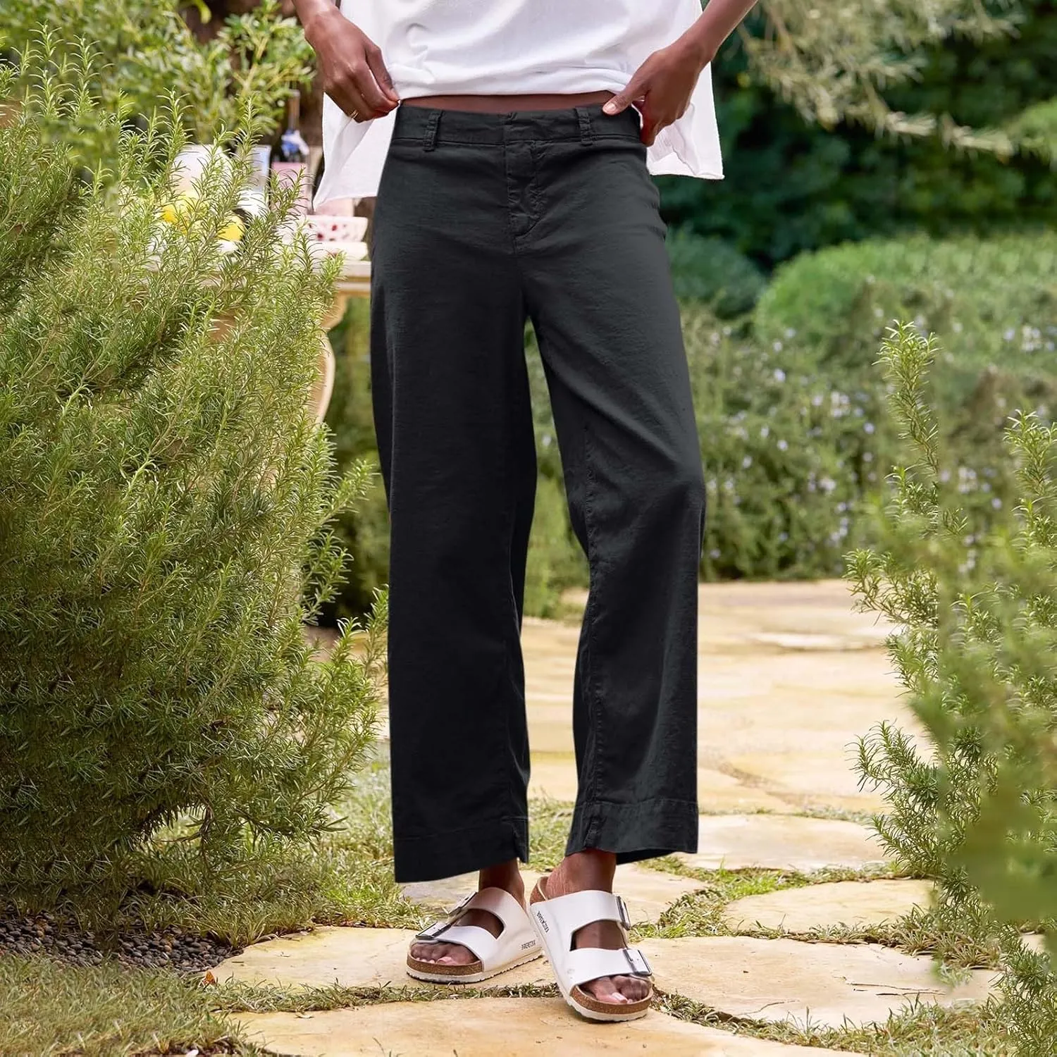 PTOLOCIF Linen Pants for Women Wide Leg Palazzo Pants High Waisted Summer Casual Cotton Linen Boho Pants with Pockets