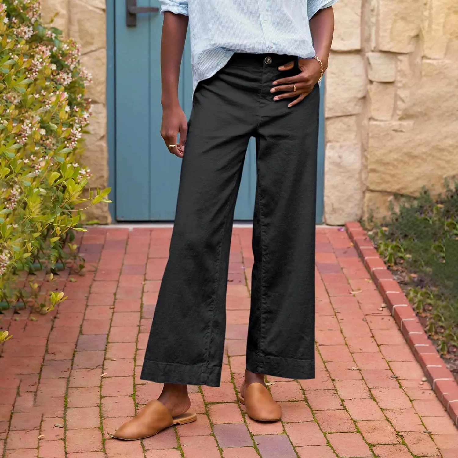 PTOLOCIF Linen Pants for Women Wide Leg Palazzo Pants High Waisted Summer Casual Cotton Linen Boho Pants with Pockets