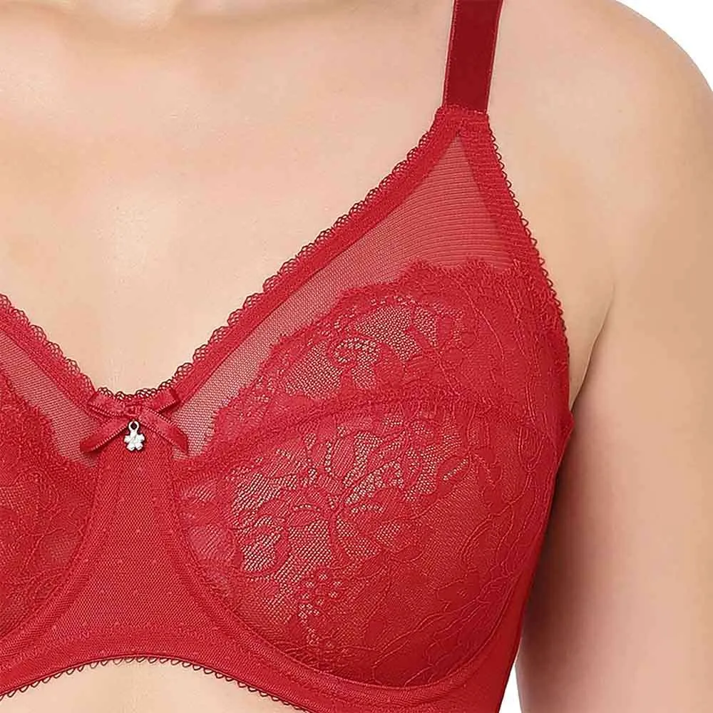 Retro Chic Non Padded Wired Full Coverage Full Support Everyday Comfort Bra - Red