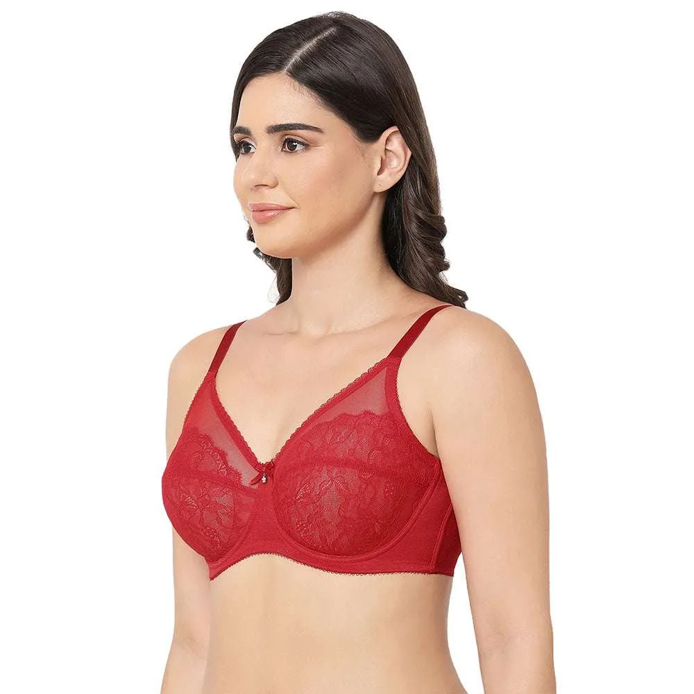 Retro Chic Non Padded Wired Full Coverage Full Support Everyday Comfort Bra - Red