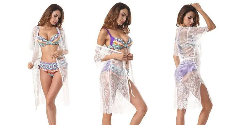 Sexy New Lace Half Sleeve Swimwear Beach Cardigan Bikini Cover Up