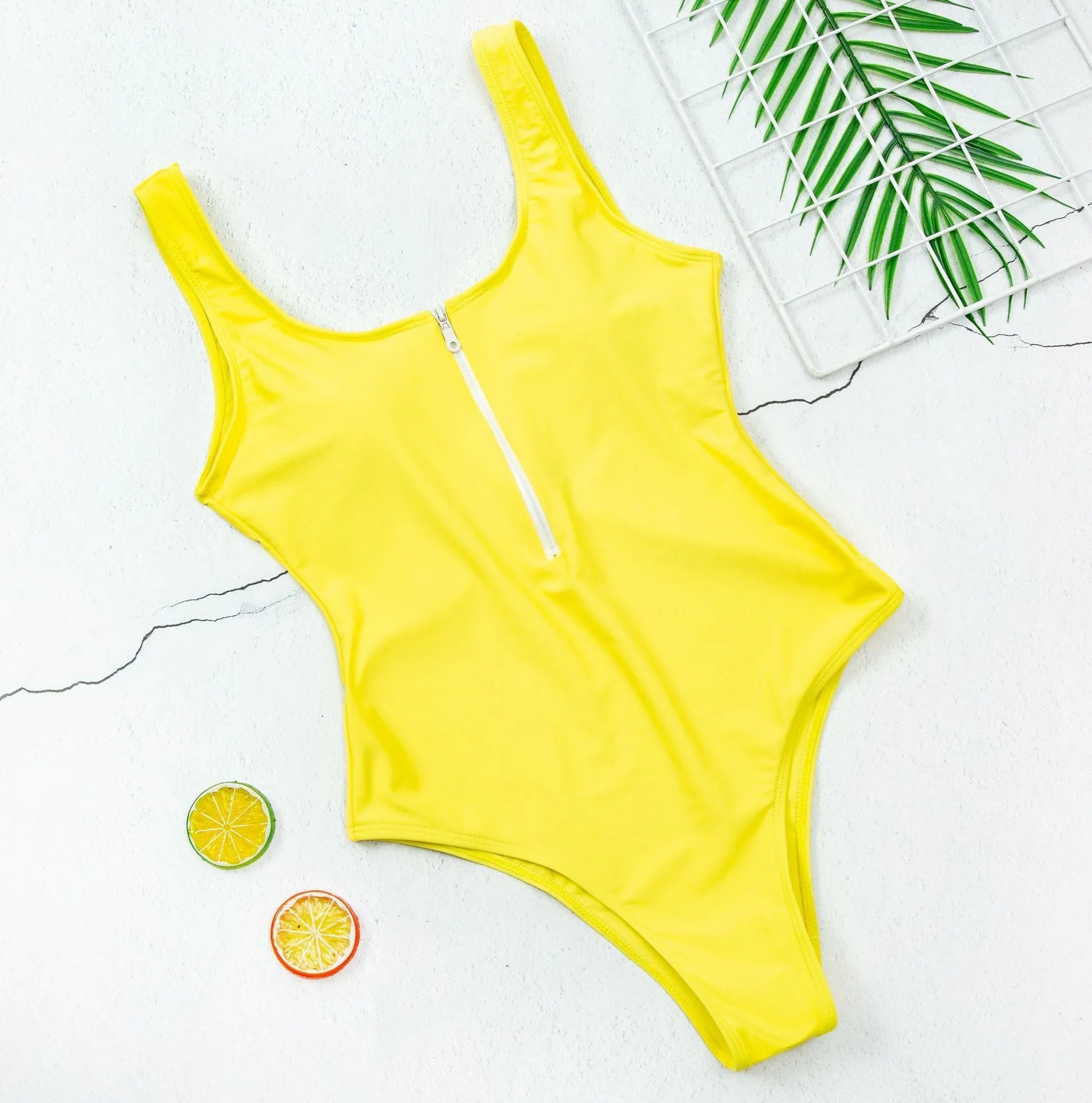 Solid Yellow Color Zipper One-piece Swimsuit