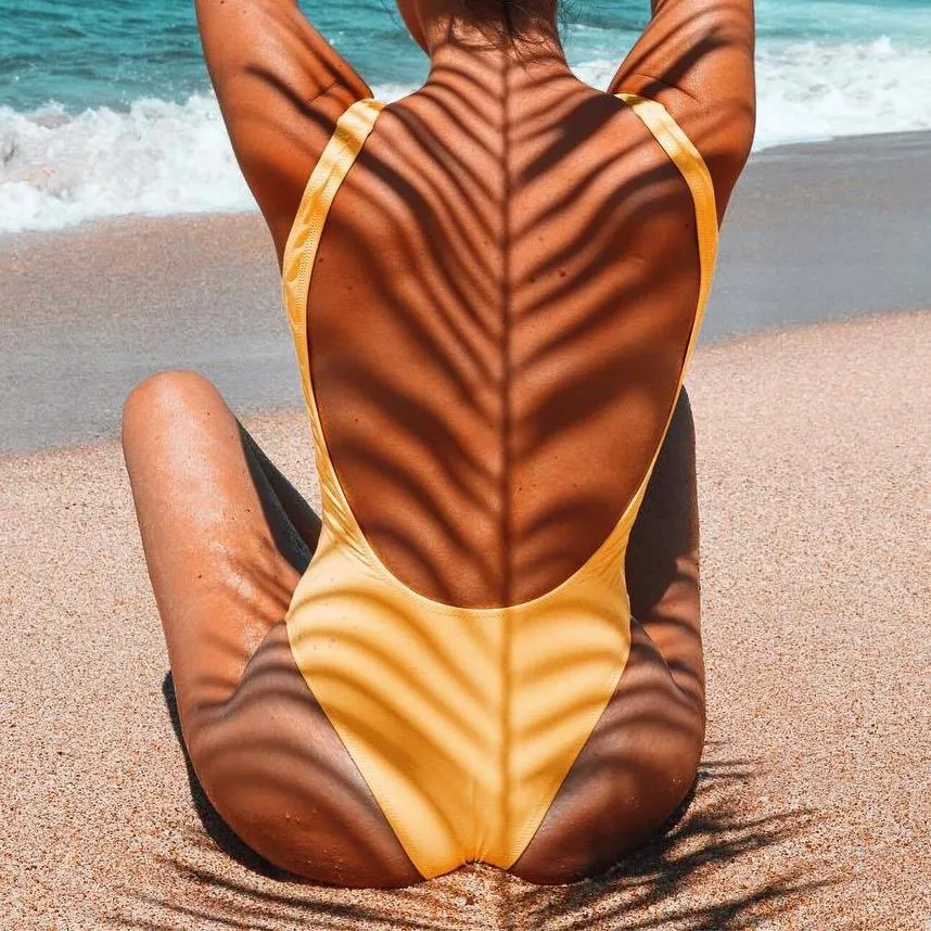 Solid Yellow Color Zipper One-piece Swimsuit