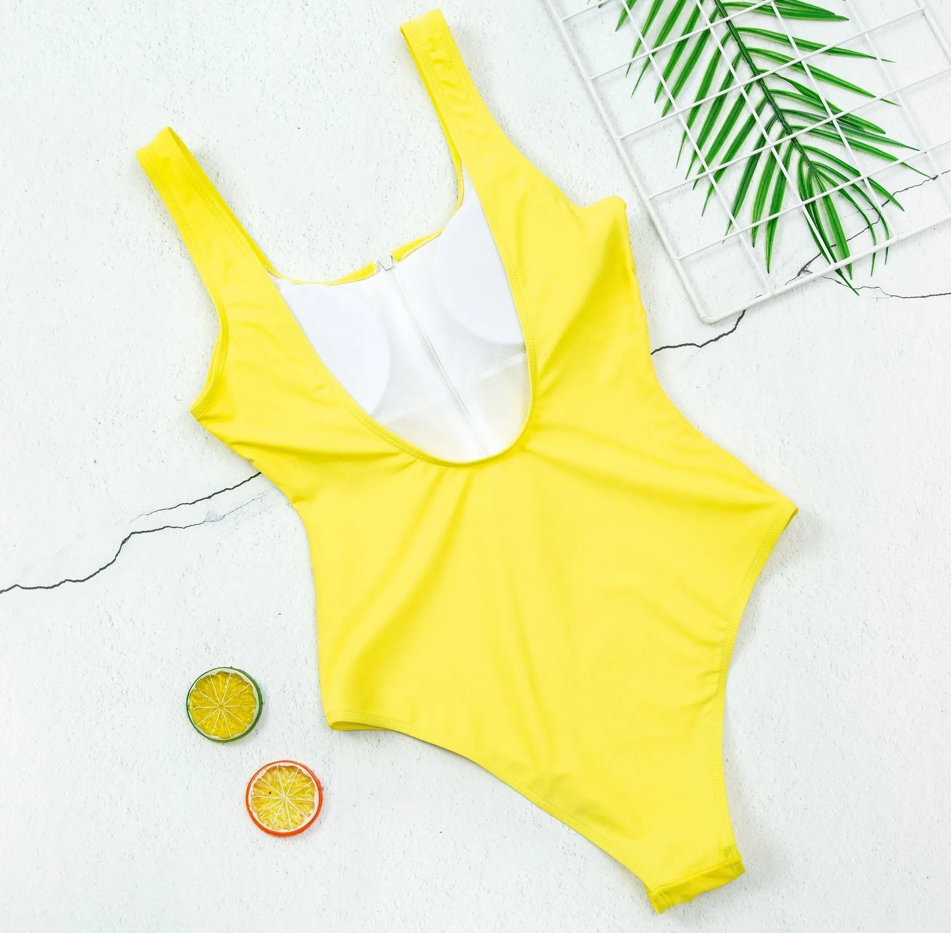 Solid Yellow Color Zipper One-piece Swimsuit