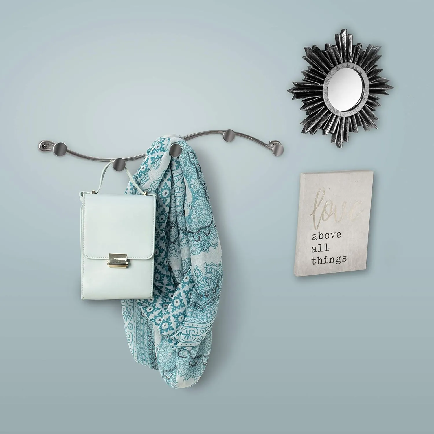 Spectrum Sweep Wall Mount 5-Hook Rack (Satin Nickel) - Wire Storage for Entryway, Bathroom, Backpack, Coat, Jacket, Purse, Belt, Robe, & More / Home Dcor & Apartment Essential