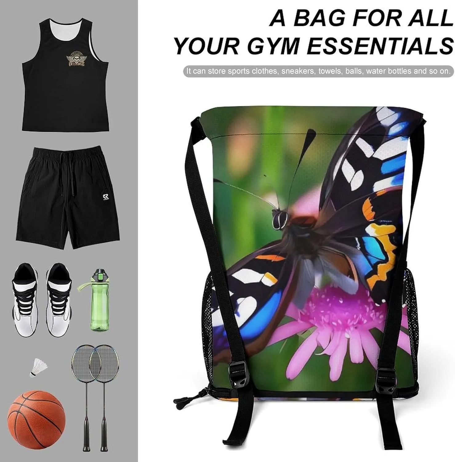 Sport Drawstring Backpack Large Capacity Dry And Wet Separation Colorful Butterfly Stuff Sack