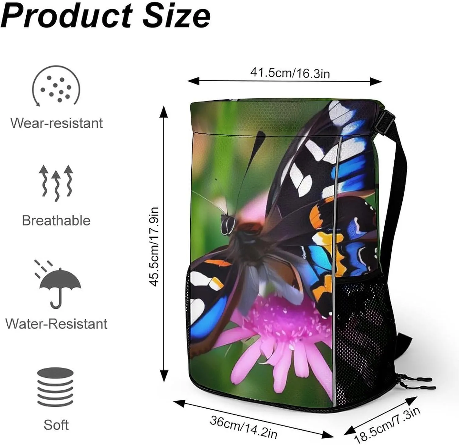 Sport Drawstring Backpack Large Capacity Dry And Wet Separation Colorful Butterfly Stuff Sack
