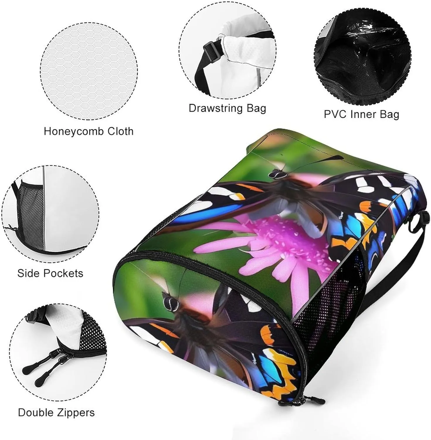 Sport Drawstring Backpack Large Capacity Dry And Wet Separation Colorful Butterfly Stuff Sack