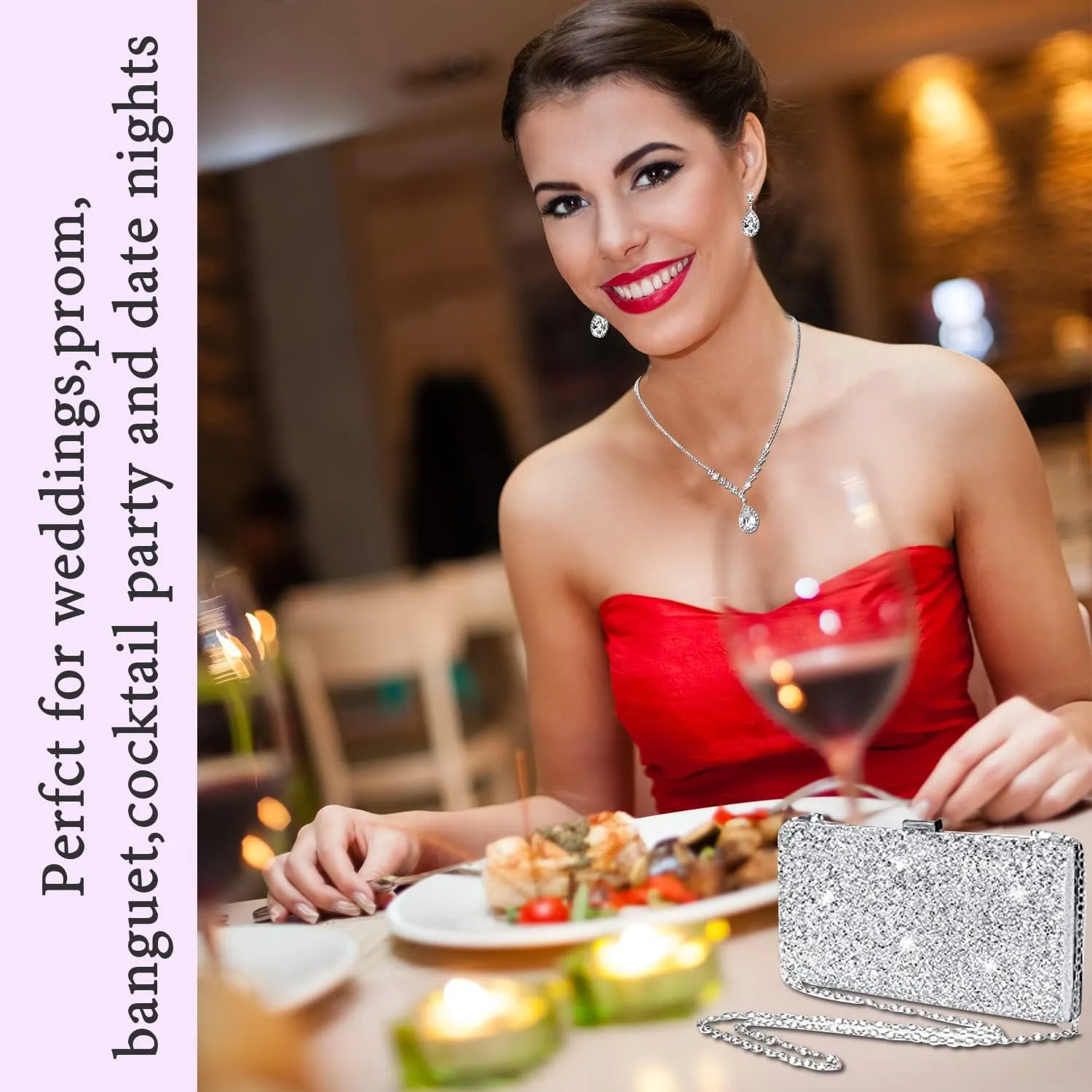 stablerice 4 Pieces Women Rhinestone Evening Clutch Bag Silver Clutch Purses Bag for Women Evening Rhinestone Jewelry Set