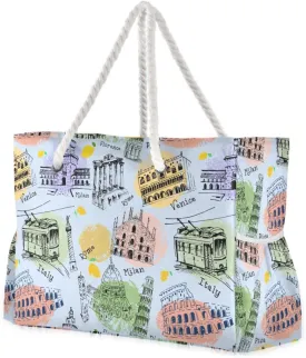 susiyo Beach Bag Antique Columns Italy Landmarks Beach Tote Bag Large Travel Tote Bag Waterproof Lightweight Shoulder Bag with Thick Cotton Rope for Gym Beach Travel Pool Yoga Baby Utility Bag