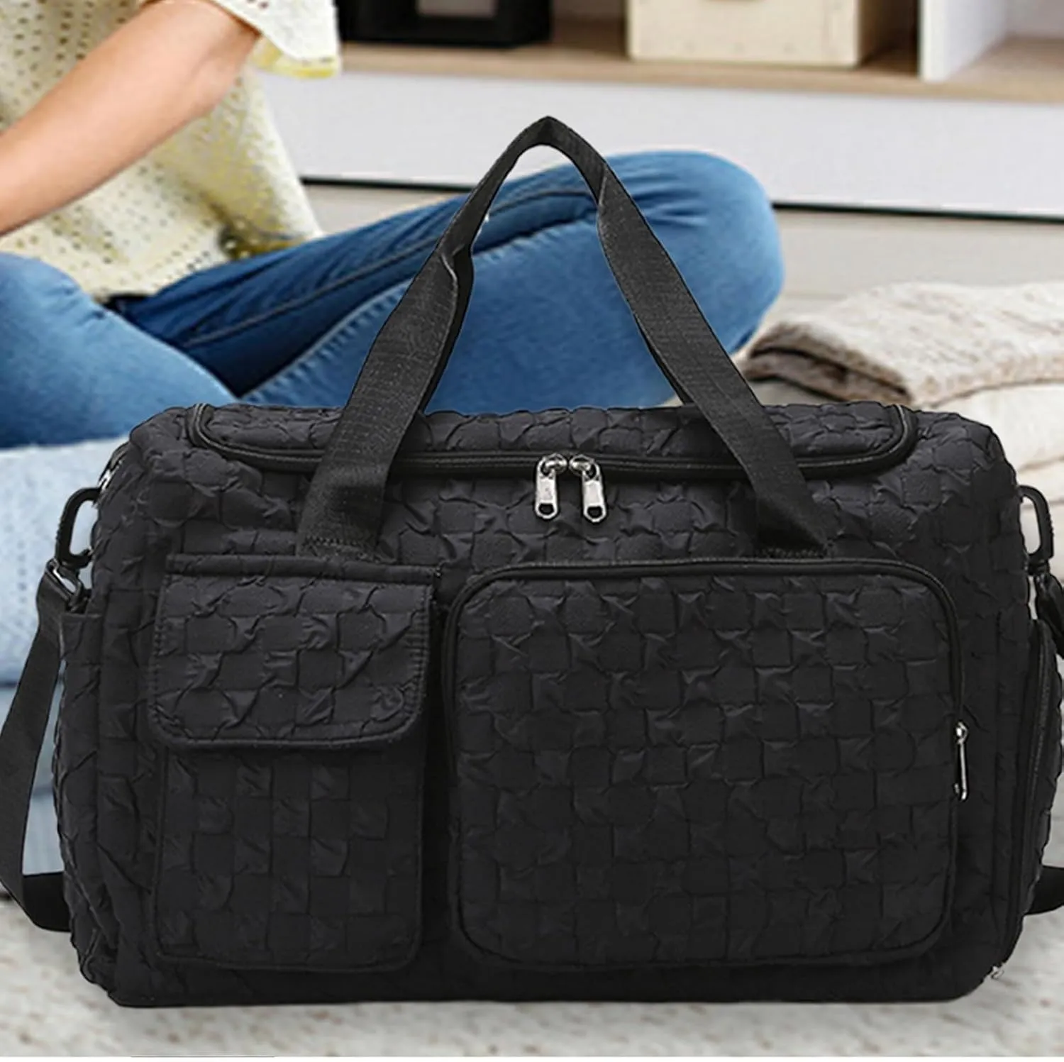 Travel Duffle Bag - Large Camping Trip Pouch,Waterproof Plaid Travel Bag with Shoe Compartment for Camping Swimming Beach Swim Pool Sports Gym
