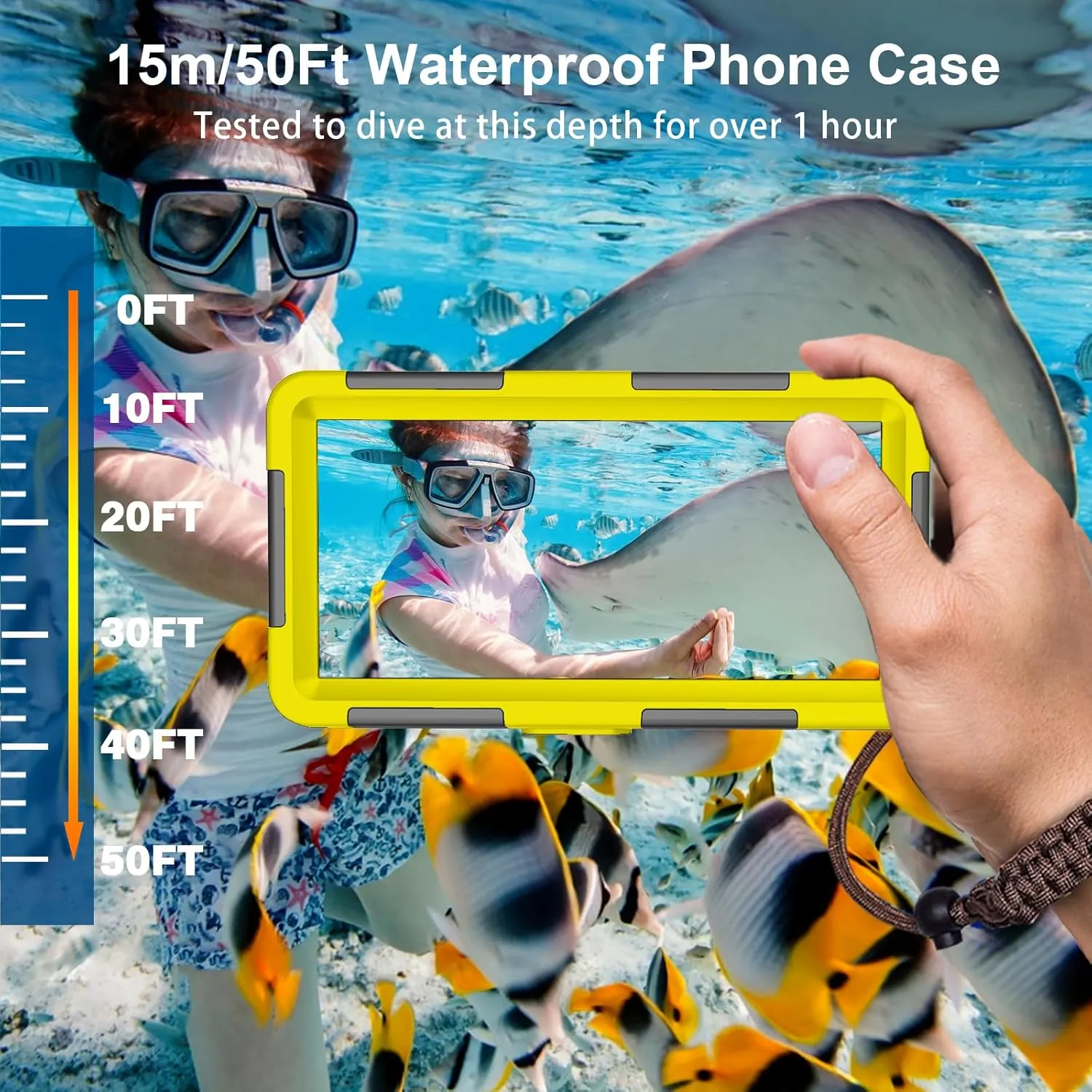  Underwater Snorkeling Diving Phone Case for iPhone 16/15/14/13/12/11 Pro Max/XR/X Galaxy S24/S23/S22/S21 Professional Universal Waterproof Case for Snorkeling Scuba Dive Photo Video, Yellow