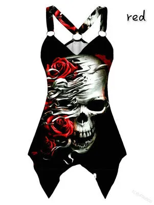 Upopby Long Skull Girl Print Sling Swimsuit Cover Up Beach Dress