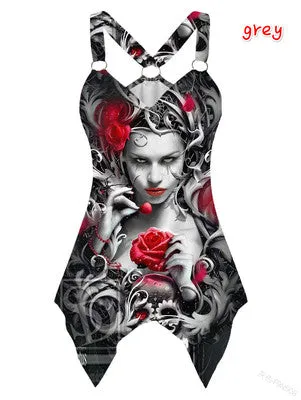 Upopby Long Skull Girl Print Sling Swimsuit Cover Up Beach Dress