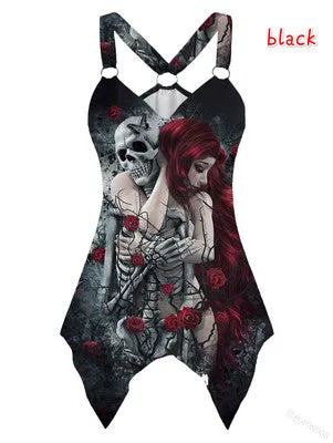 Upopby Long Skull Girl Print Sling Swimsuit Cover Up Beach Dress