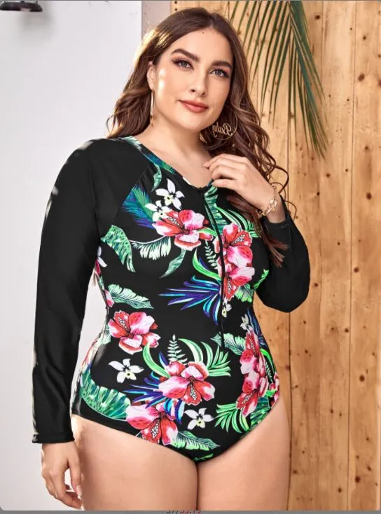 Upopby Long Sleeve Floral Print Zipper One-Piece Swimsuit Plus Size Swimsuit