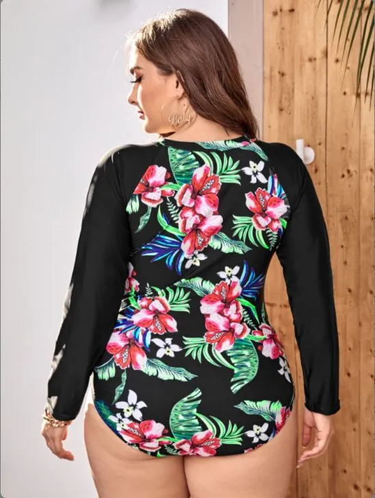 Upopby Long Sleeve Floral Print Zipper One-Piece Swimsuit Plus Size Swimsuit