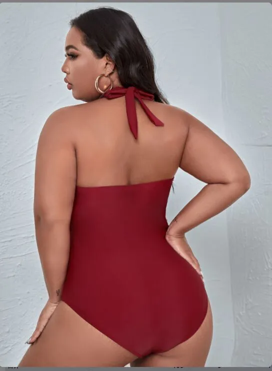 Upopby Red Halter Belly Control One-Piece Slim Swimsuit Plus Size