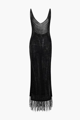 V-neck Tassel Hem Crochet Knit Cover Up Dress