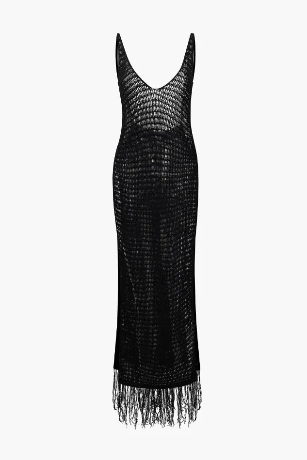 V-neck Tassel Hem Crochet Knit Cover Up Dress