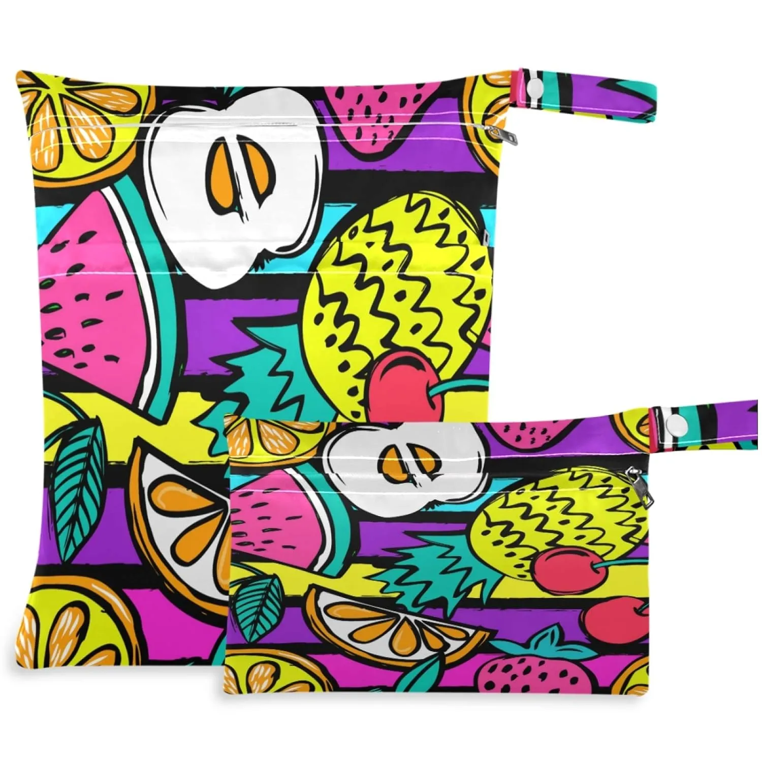 visesunny Colored Lemon Pineapple Stripe Cartoon Character 2Pcs Wet Bag with Zippered Pockets Washable Reusable Roomy for Travel,Beach,Pool,Daycare,Stroller,Diapers,Dirty Gym Clothes, Wet Swimsuits, T
