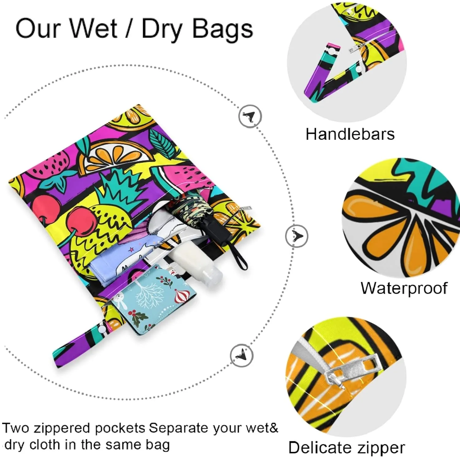 visesunny Colored Lemon Pineapple Stripe Cartoon Character 2Pcs Wet Bag with Zippered Pockets Washable Reusable Roomy for Travel,Beach,Pool,Daycare,Stroller,Diapers,Dirty Gym Clothes, Wet Swimsuits, T