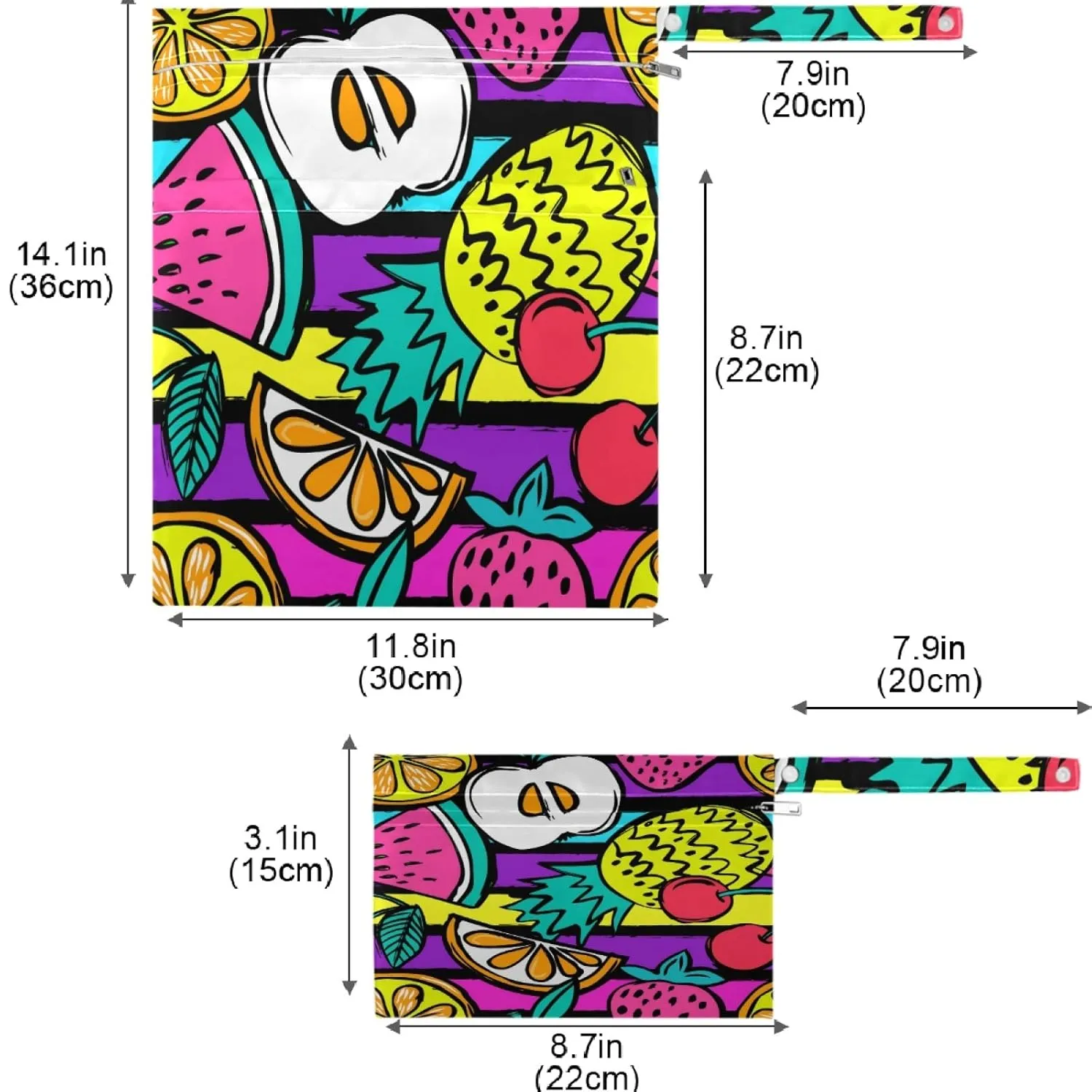 visesunny Colored Lemon Pineapple Stripe Cartoon Character 2Pcs Wet Bag with Zippered Pockets Washable Reusable Roomy for Travel,Beach,Pool,Daycare,Stroller,Diapers,Dirty Gym Clothes, Wet Swimsuits, T