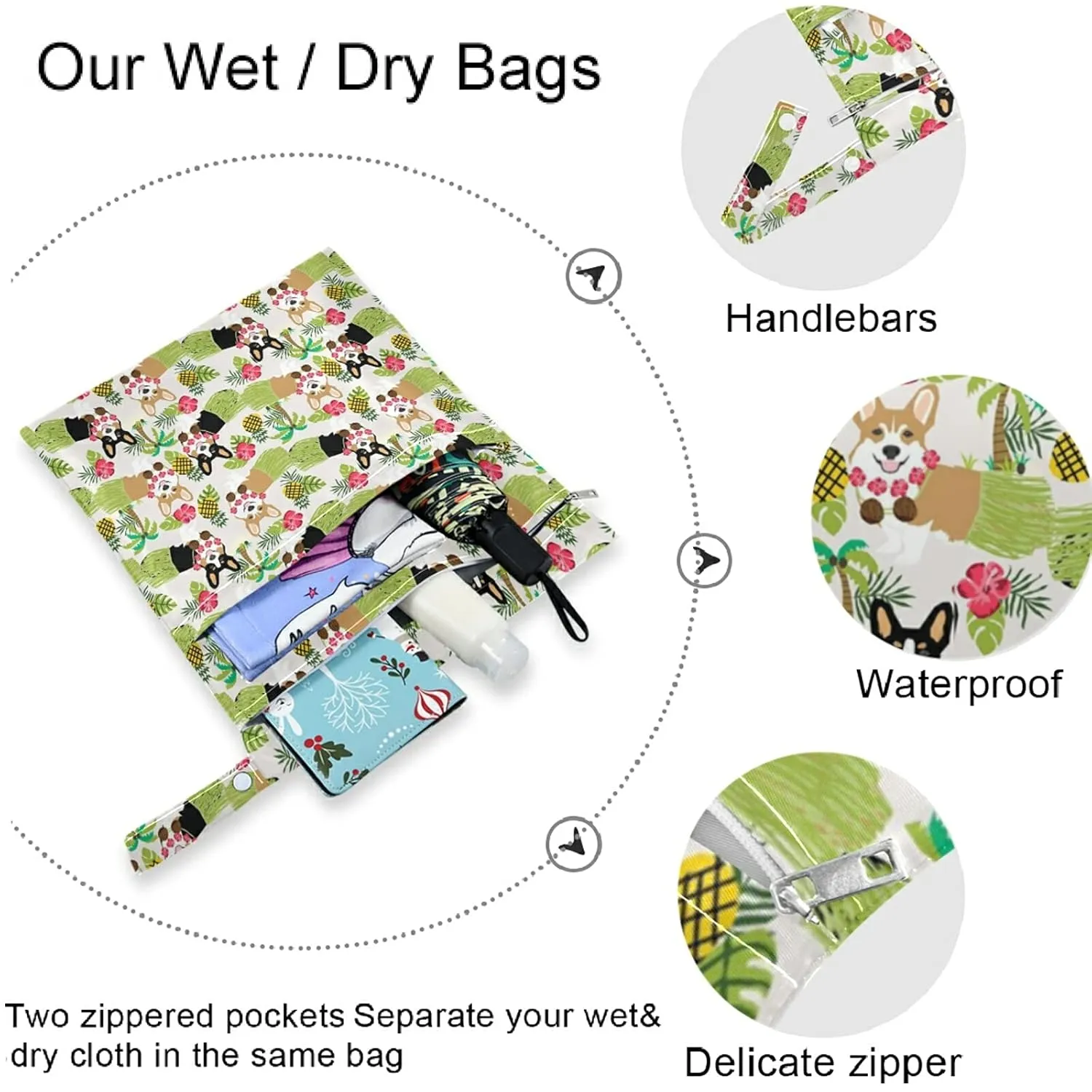 visesunny Corgi With Grass Skirt Palm Pineapple 2Pcs Wet Bag with Zippered Pockets Washable Reusable Roomy Diaper Bag for Travel,Beach,Daycare,Stroller,Diapers,Dirty Gym Clothes,Wet Swimsuits,Toiletri