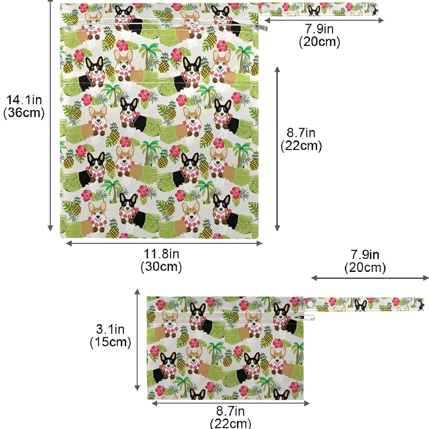 visesunny Corgi With Grass Skirt Palm Pineapple 2Pcs Wet Bag with Zippered Pockets Washable Reusable Roomy Diaper Bag for Travel,Beach,Daycare,Stroller,Diapers,Dirty Gym Clothes,Wet Swimsuits,Toiletri