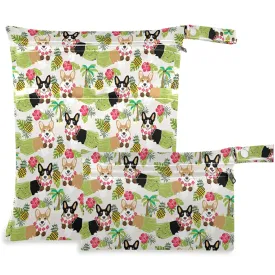 visesunny Corgi With Grass Skirt Palm Pineapple 2Pcs Wet Bag with Zippered Pockets Washable Reusable Roomy Diaper Bag for Travel,Beach,Daycare,Stroller,Diapers,Dirty Gym Clothes,Wet Swimsuits,Toiletri