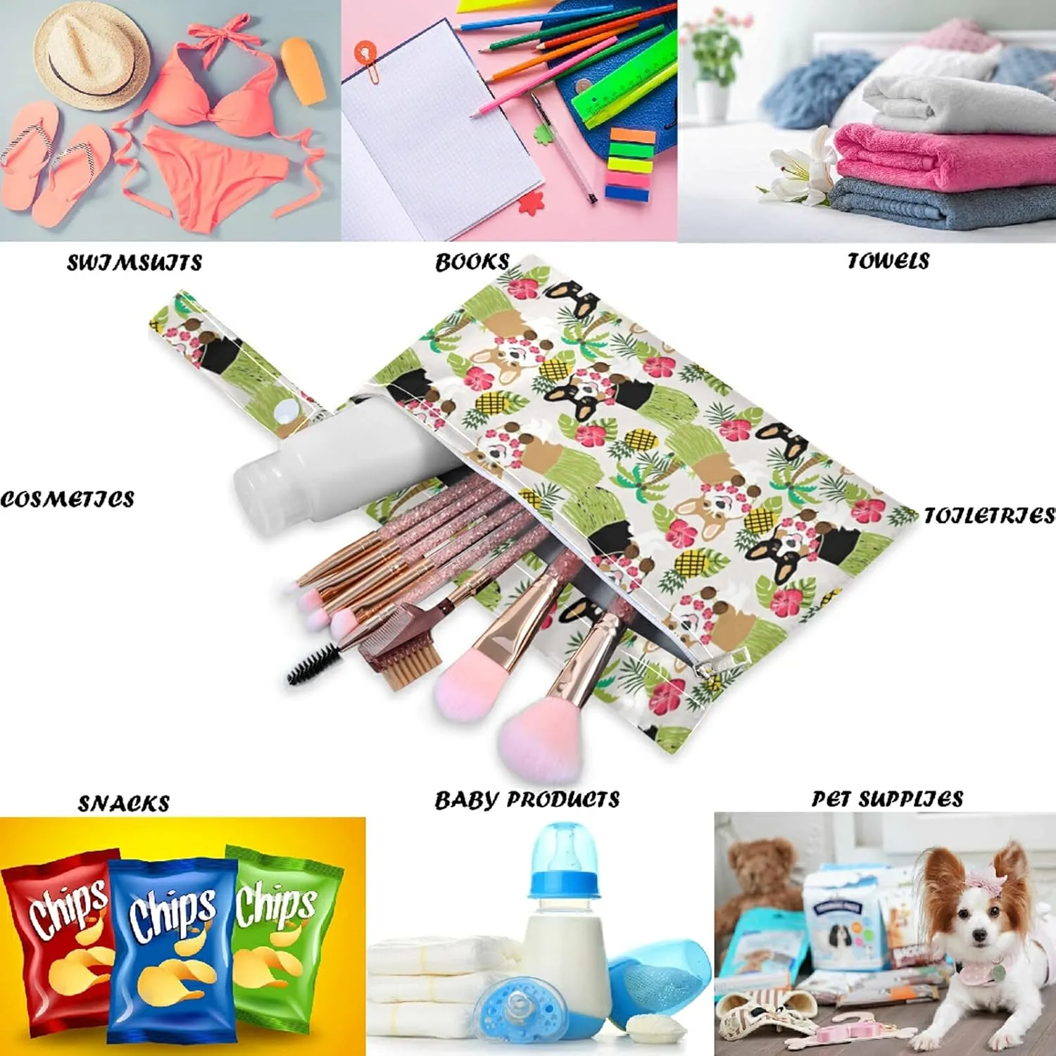 visesunny Corgi With Grass Skirt Palm Pineapple 2Pcs Wet Bag with Zippered Pockets Washable Reusable Roomy Diaper Bag for Travel,Beach,Daycare,Stroller,Diapers,Dirty Gym Clothes,Wet Swimsuits,Toiletri