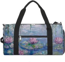 Water Lilies Lotues Weeping Willow Gym Sport Bag Travel Duffel Bags Tote with Shoe Compartment Water Resistant Pouch Unisex