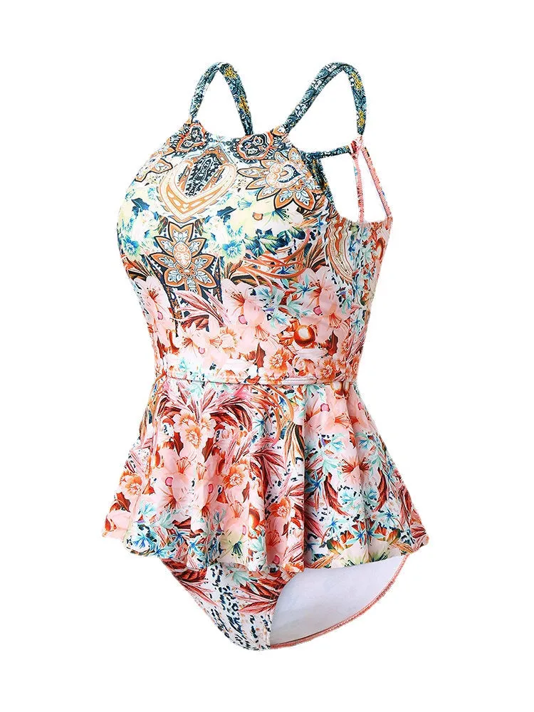 Women Floral Print Ruffle Trim Knotted Back Hollow Holiday Bikinis Swimsuits