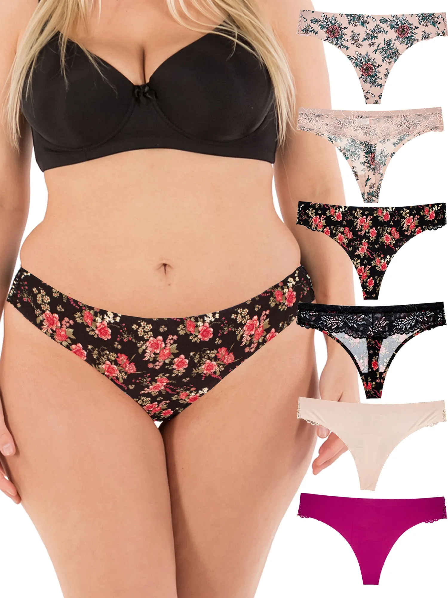 Women Sexy Lace Back Floral No-Show Seamless Thongs Small to Plus Sizes