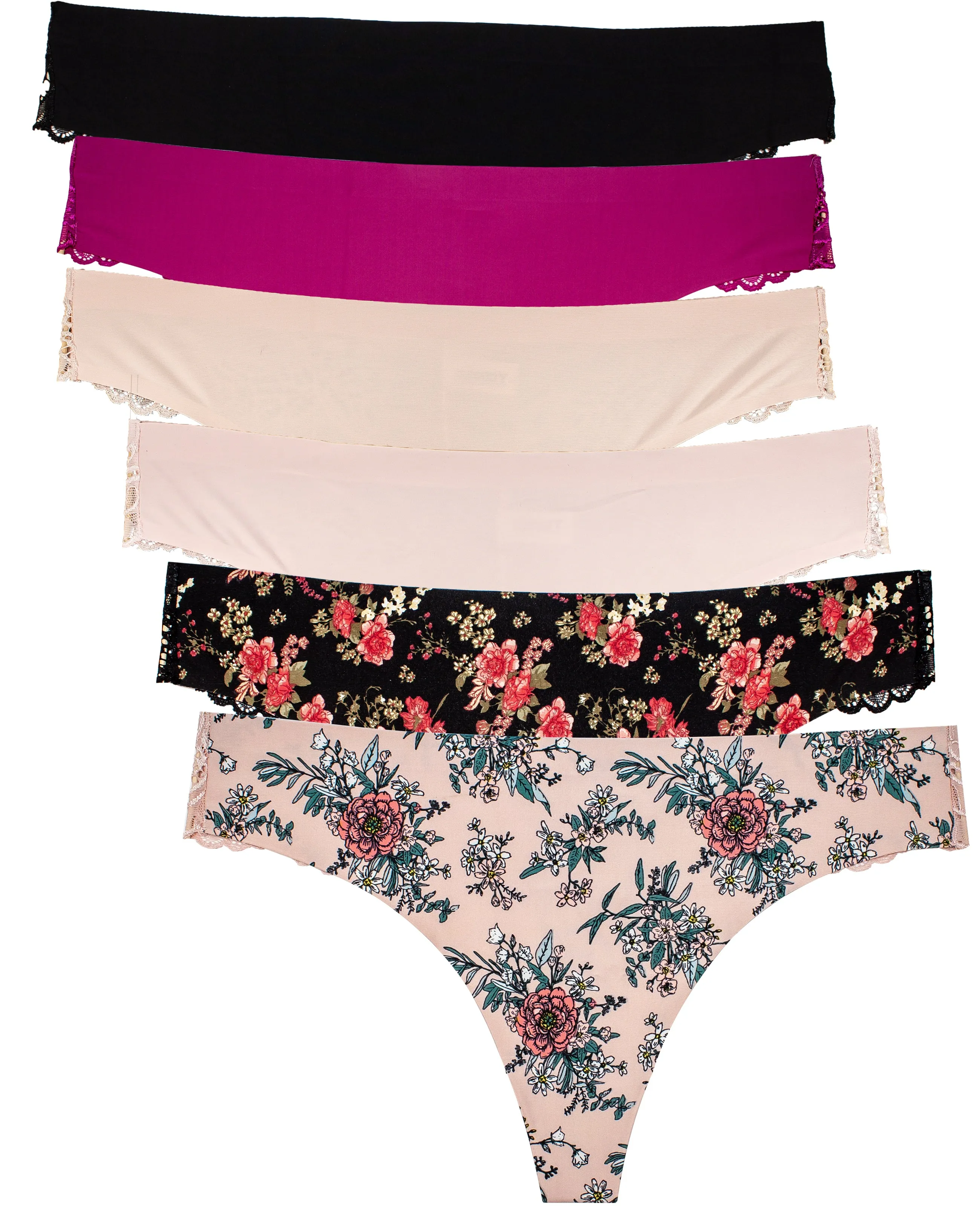 Women Sexy Lace Back Floral No-Show Seamless Thongs Small to Plus Sizes