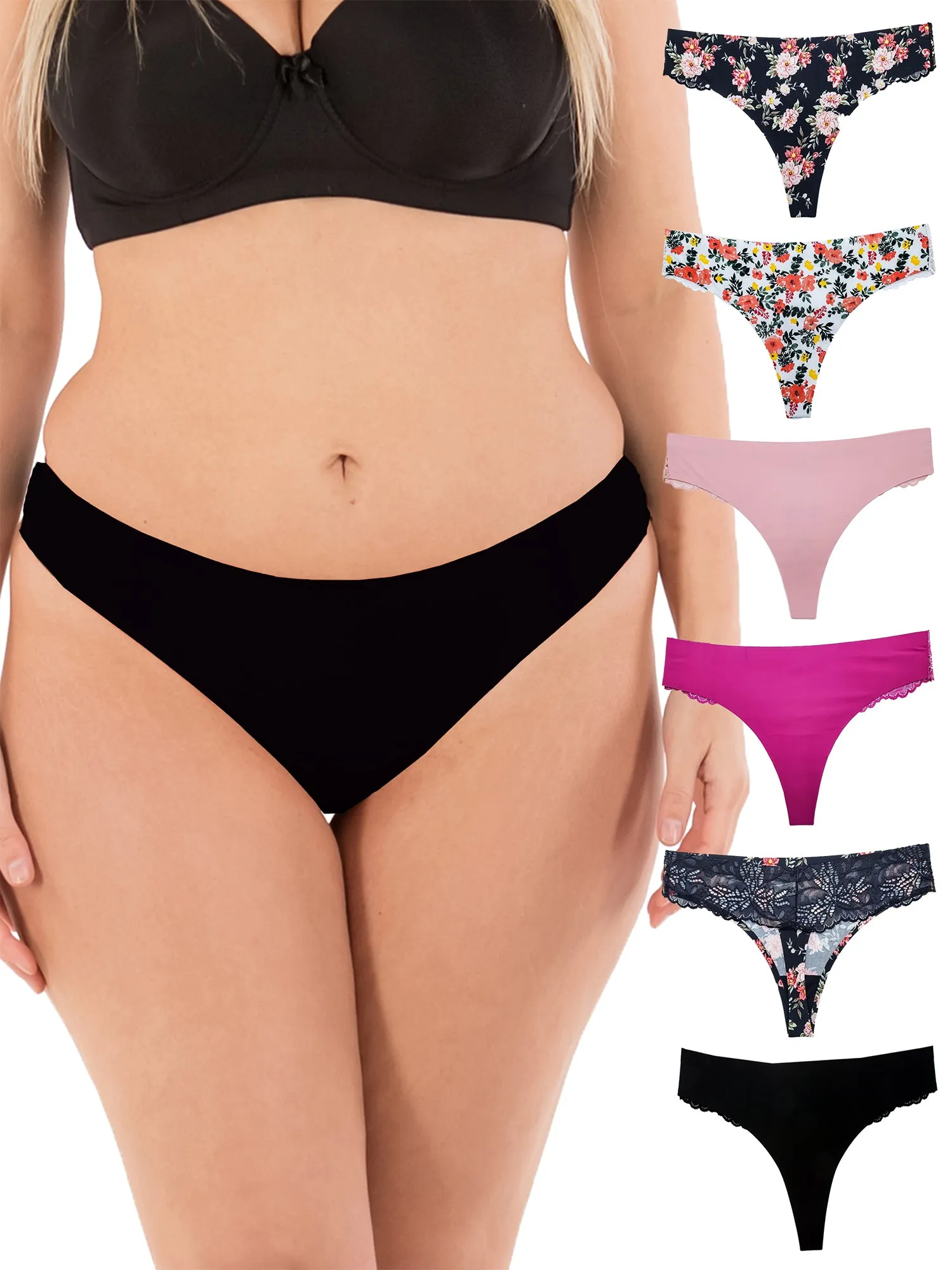 Women Sexy Lace Back Floral No-Show Seamless Thongs Small to Plus Sizes