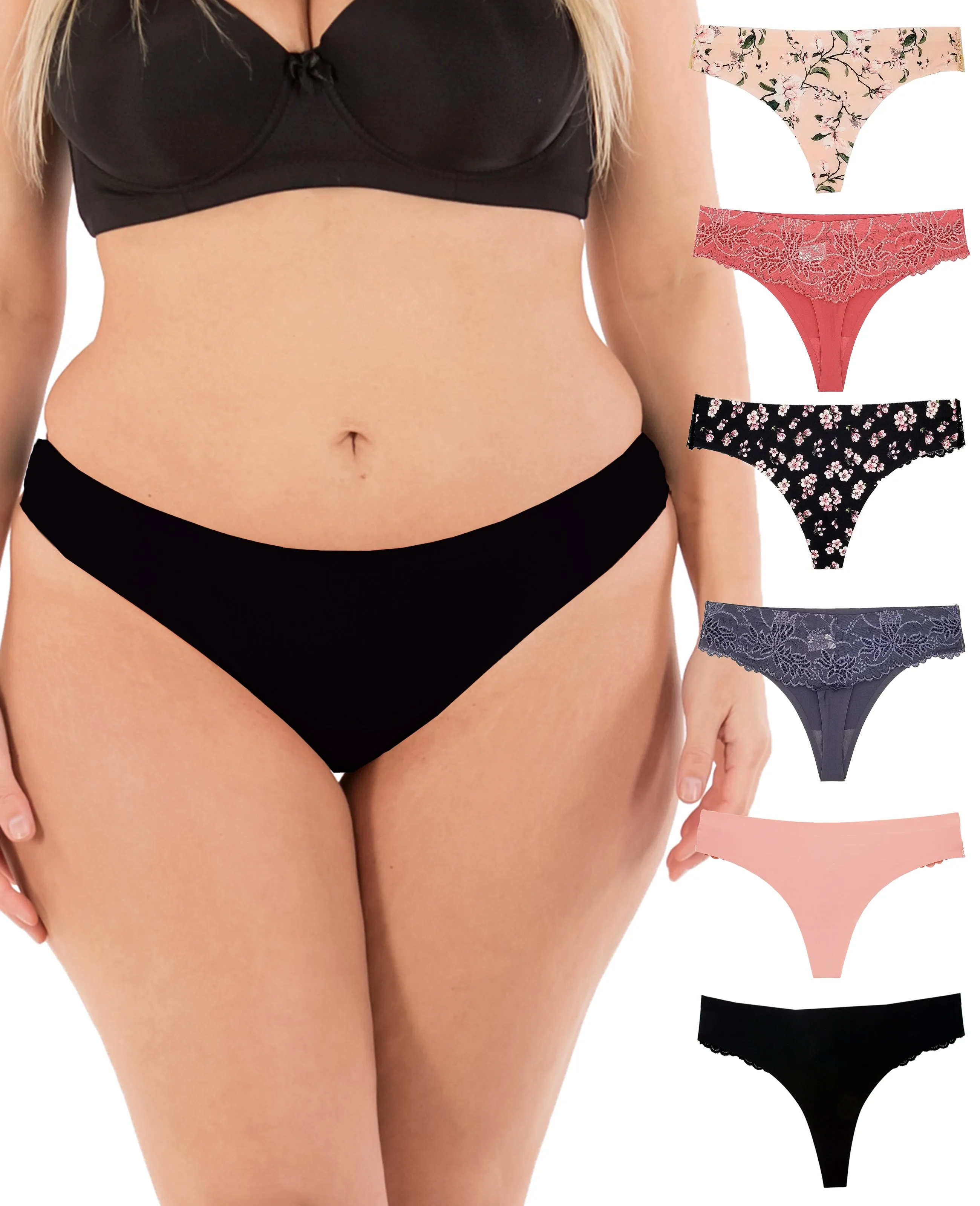 Women Sexy Lace Back Floral No-Show Seamless Thongs Small to Plus Sizes