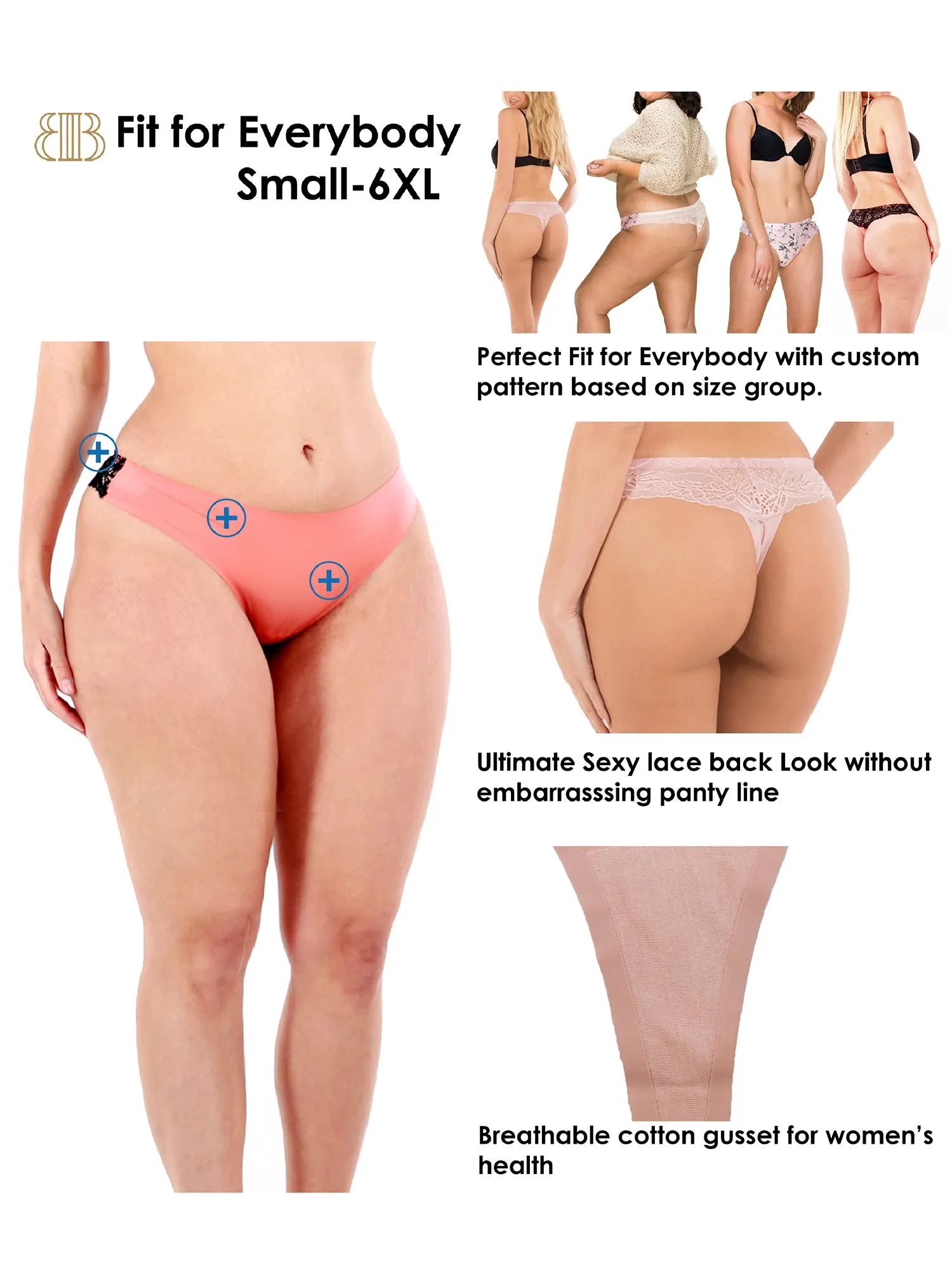 Women Sexy Lace Back Floral No-Show Seamless Thongs Small to Plus Sizes